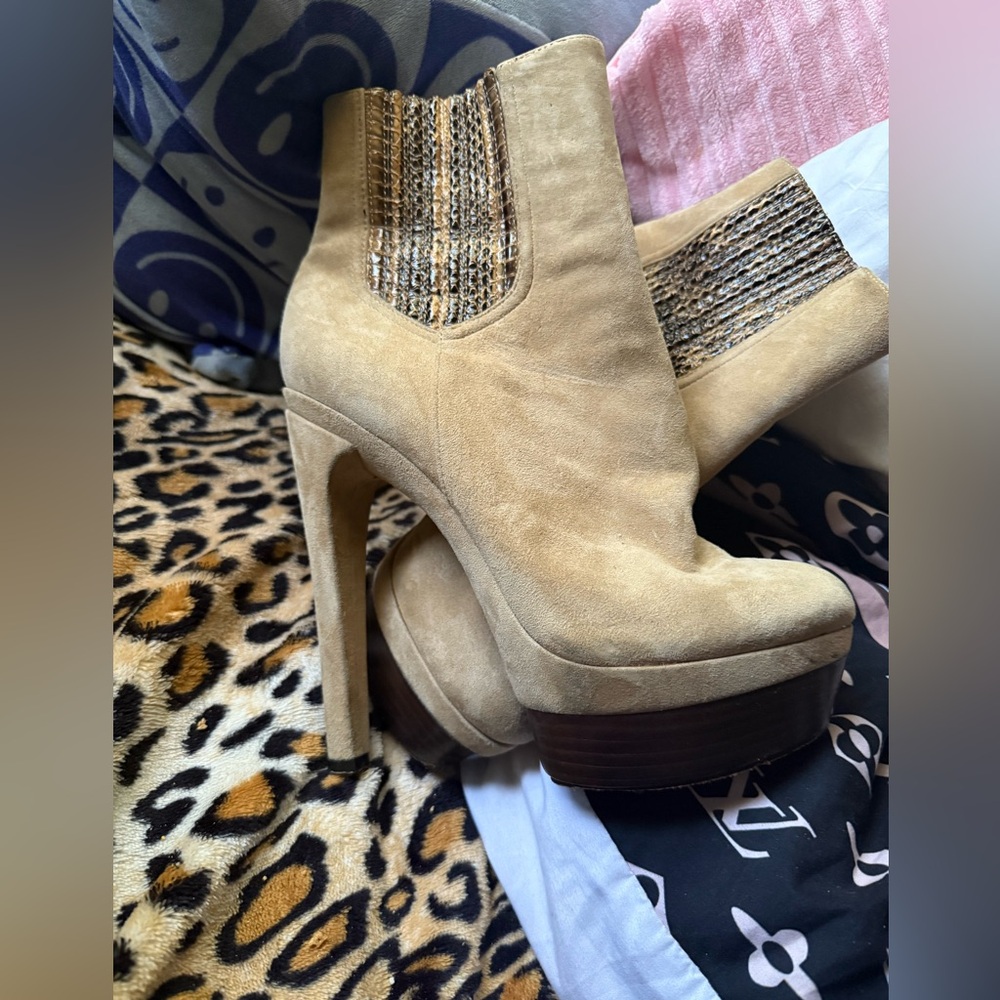 Tan Suede High Heel Ankle Boots